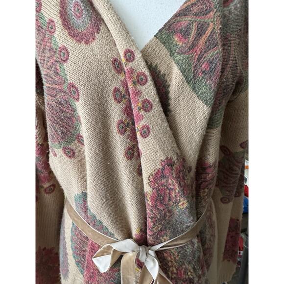 Desigual Boho Wrap Sweater Cardigan XL Beige Multicolor Floral Tie Belt Art Knit - Picture 2 of 8